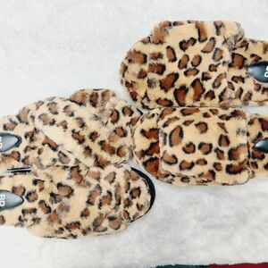 NEW BP. Bundle Of Two Brown Leopard Faux Fur Open Toe Comfy Slippers S135
